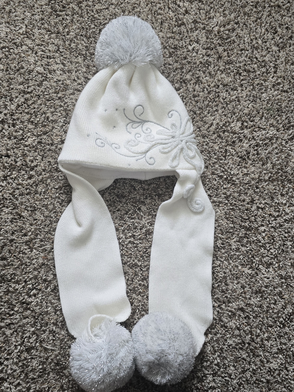 Girls' Cream Pom-Pom Earflap Hat with Swirl Embroidery